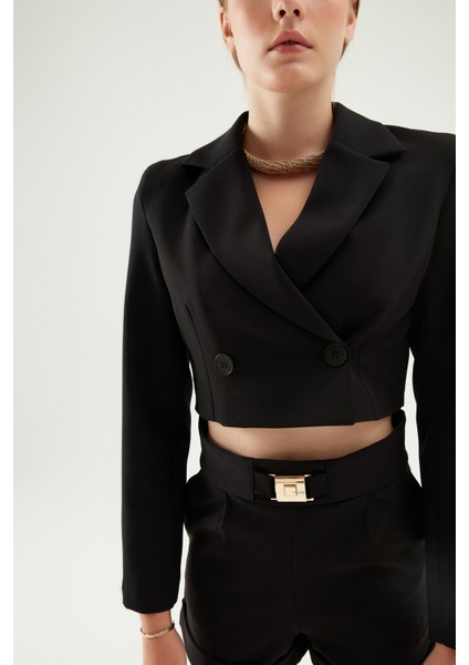 Kruvaze Crop Blazer Ceket Siyah