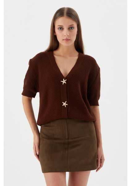 Yıldız Düğmeli Kısa Kol Hırka Kahve