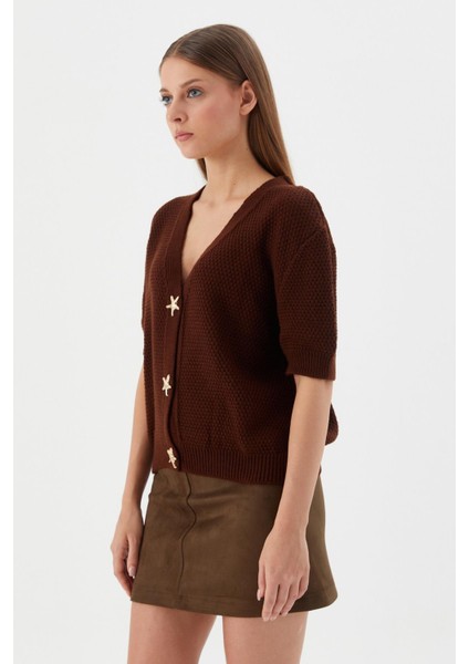 Yıldız Düğmeli Kısa Kol Hırka Kahve modelleri
