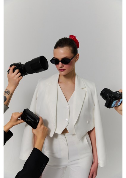 Kruvaze Crop Blazer Ceket Ekru