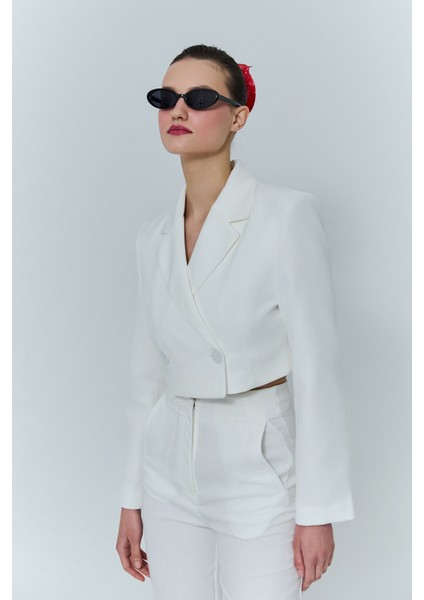 Kruvaze Crop Blazer Ceket Ekru