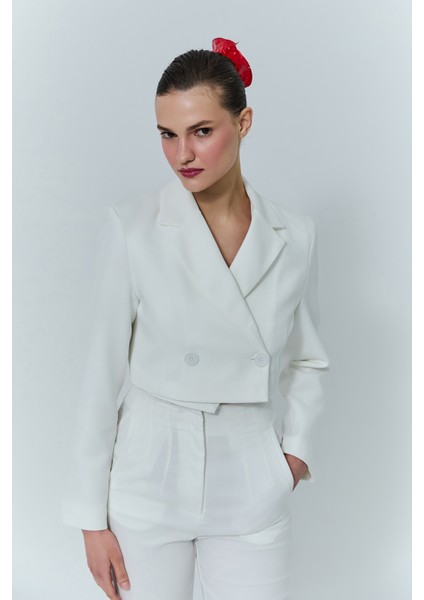 Kruvaze Crop Blazer Ceket Ekru