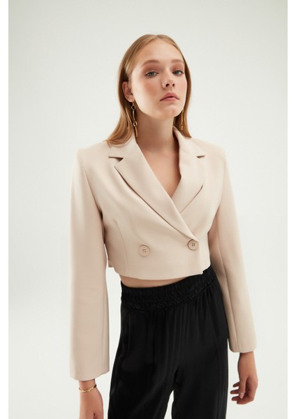 Kruvaze Crop Blazer Ceket Taş