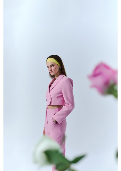 Kruvaze Crop Blazer Ceket Pembe