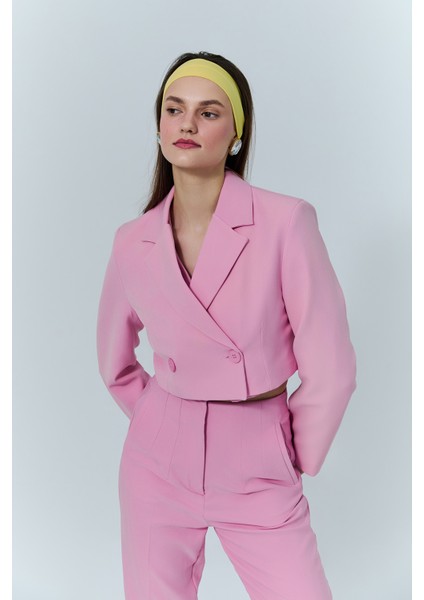 Kruvaze Crop Blazer Ceket Pembe