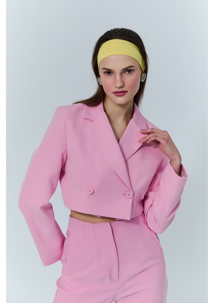 Kruvaze Crop Blazer Ceket Pembe