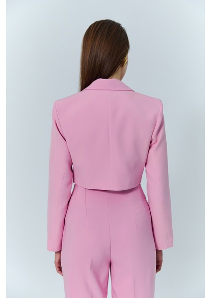 Kruvaze Crop Blazer Ceket Pembe