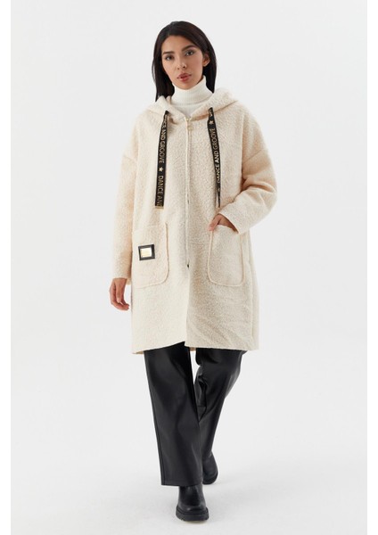 Kapüşonlu Cepli Uzun Hırka Ekru