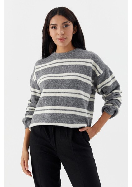 Çizgili Triko Kazak Grı fırsatları