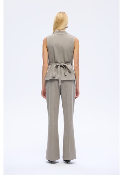 Kuşaklı Düğmeli Yelek Ceket Gri