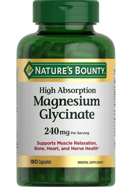 Nature’s Bounty Magnesium Glycinate 240 Mg 180 Kapsül | Yüksek Emilimli Magnezyum Takviyesi