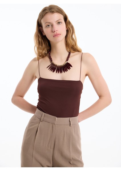 Çıtçıtlı Ince Askılı Bodysuit Koyu Kahve
