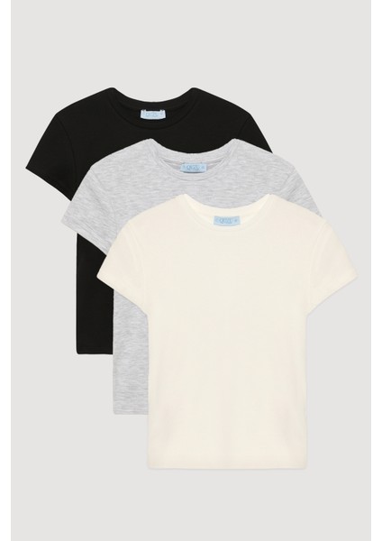 Bisiklet Yaka Basic Tişört 3 lü Paket Siyah-Ekru-Karmelanj indirimleri