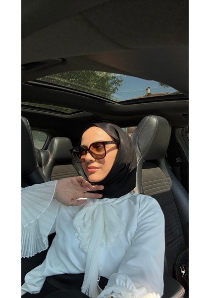 Şifon Pilise Fular Yaka Bluz Beyaz