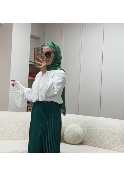 Şifon Pilise Fular Yaka Bluz Beyaz