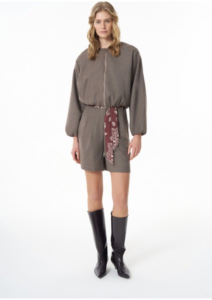 Desenli Kemerli Kırçıllı Şort Kahverengi