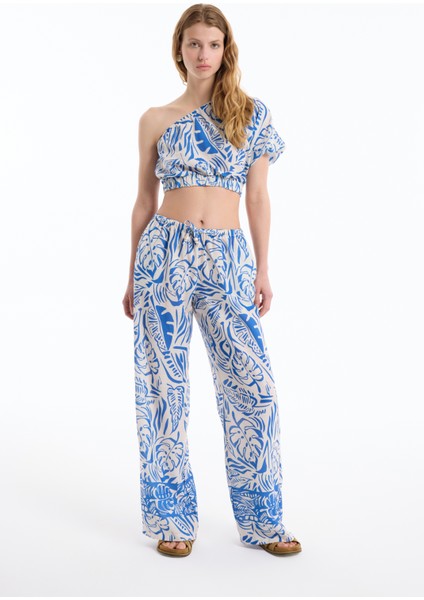 Yaprak Desenli Renkli Bol Paça Pantolon Mavi