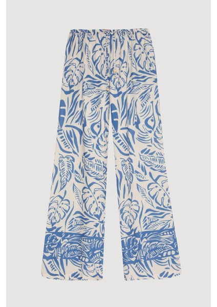 Yaprak Desenli Renkli Bol Paça Pantolon Mavi