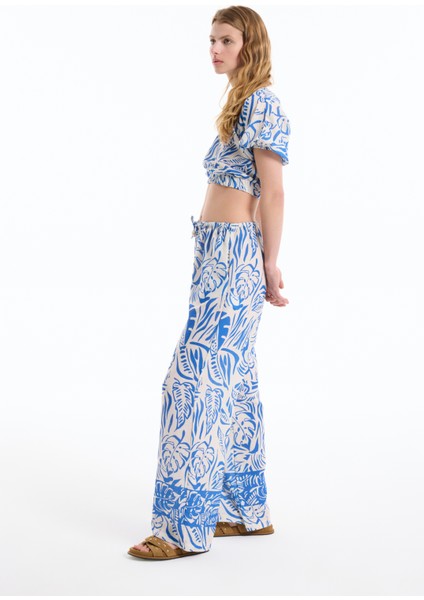 Yaprak Desenli Renkli Bol Paça Pantolon Mavi