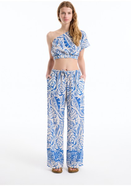 Yaprak Desenli Renkli Bol Paça Pantolon Mavi