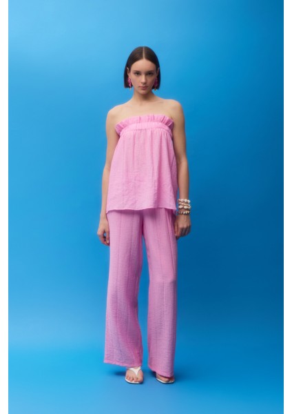 Gofre Kumaş Geniş Paça Pantolon Pembe