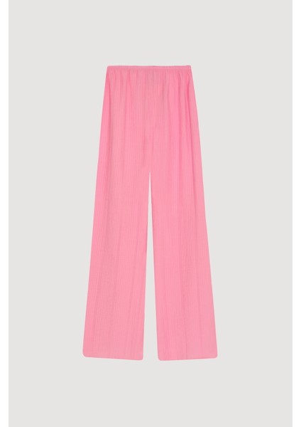 Gofre Kumaş Geniş Paça Pantolon Pembe