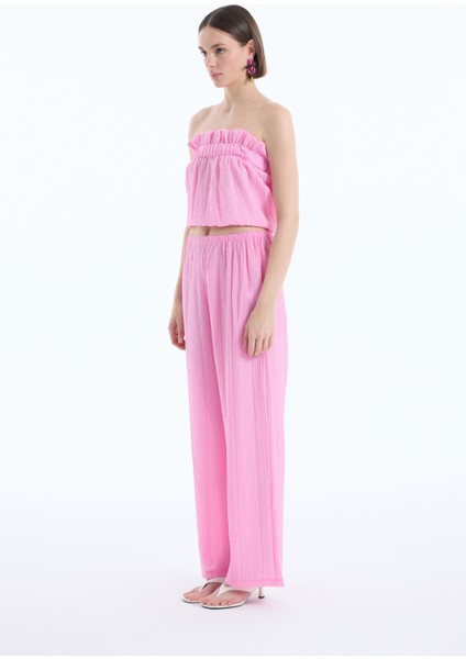 Gofre Kumaş Geniş Paça Pantolon Pembe
