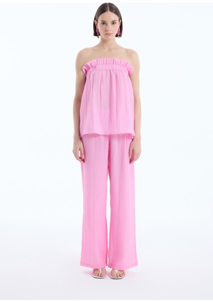 Gofre Kumaş Geniş Paça Pantolon Pembe