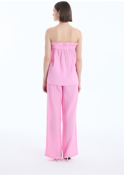 Gofre Kumaş Geniş Paça Pantolon Pembe