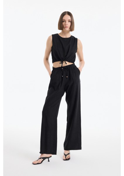 Beli Lastikli Desenli Bol Paça Pantolon Siyah