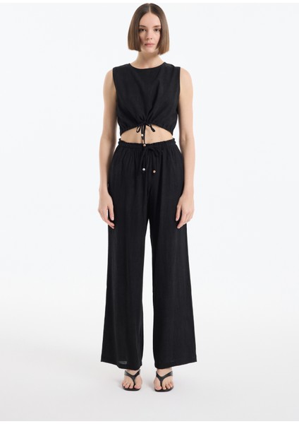 Beli Lastikli Desenli Bol Paça Pantolon Siyah