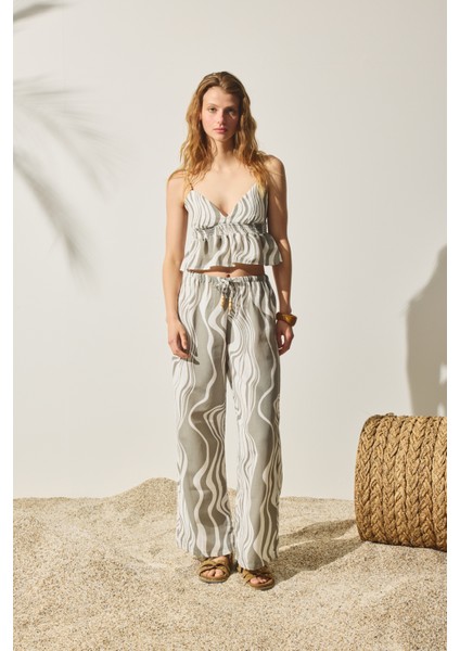 Dalga Desenli Beli Lastikli Keten Bol Pantolon Haki