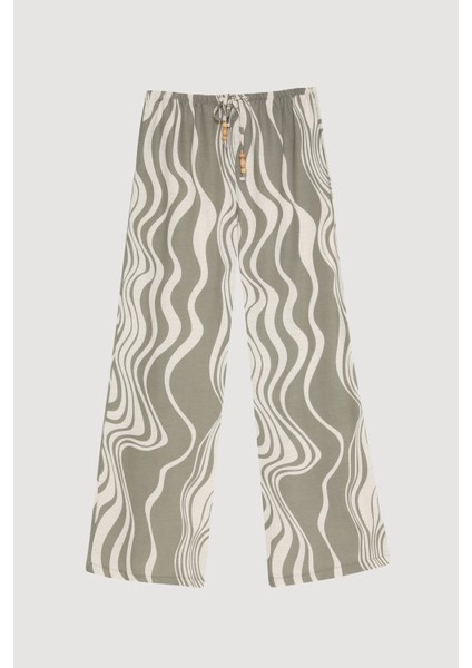 Dalga Desenli Beli Lastikli Keten Bol Pantolon Haki
