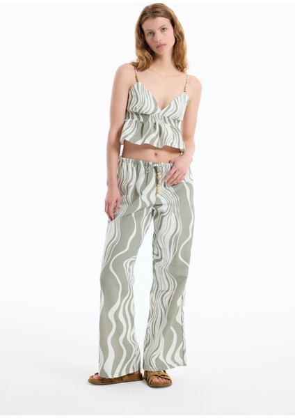 Dalga Desenli Beli Lastikli Keten Bol Pantolon Haki