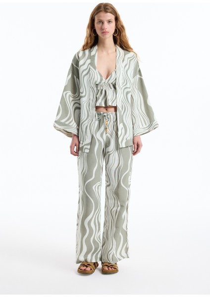 Dalga Desenli Beli Lastikli Keten Bol Pantolon Haki