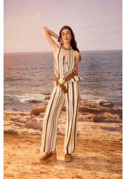 Renkli Çizgili Örgü Pantolon Kahverengi