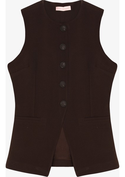 Ön Yırtmaç Detaylı Yuvarlak Yaka Düğmeli Yelek Ceket Kahverengi modelleri