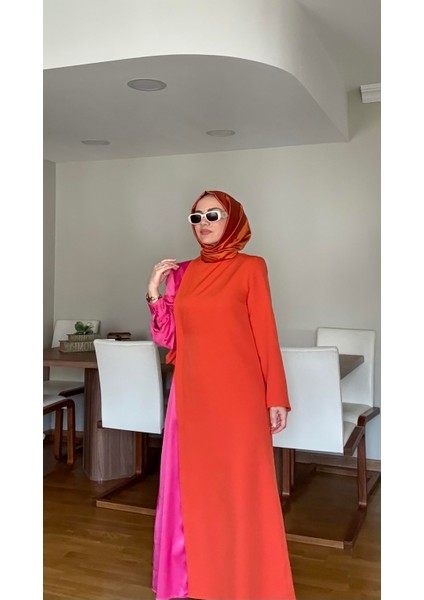 Kontrast Renkli Elbise Turuncu indirimleri