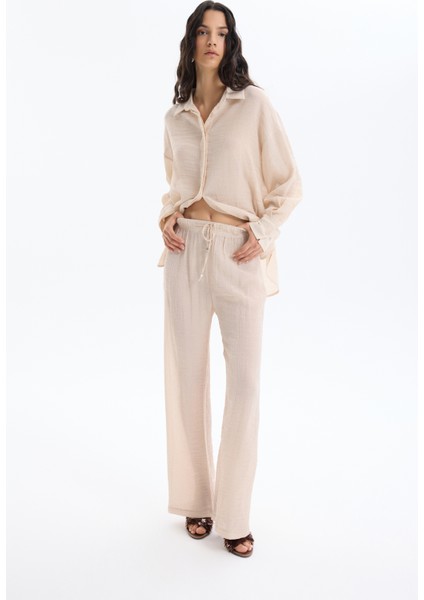 Lastikli Bel Dokulu Pantolon Taş