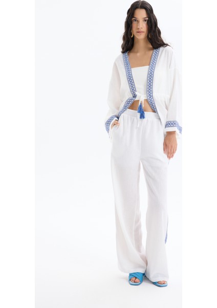 Şerit Nakışlı Beli Lastikli Bol Paça Pantolon Ekru