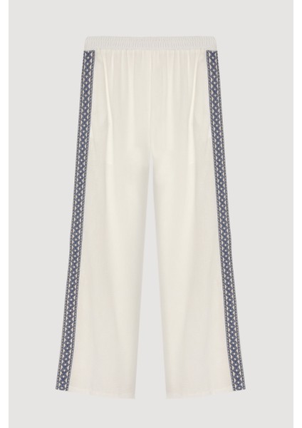 Şerit Nakışlı Beli Lastikli Bol Paça Pantolon Ekru