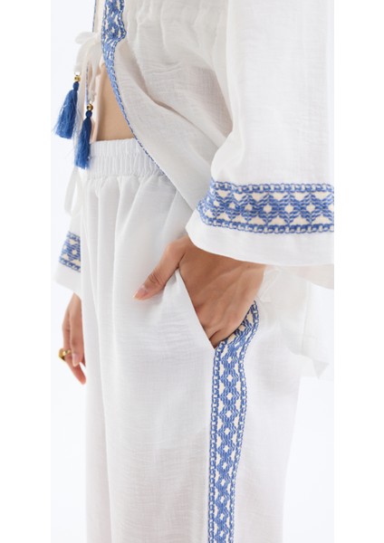 Şerit Nakışlı Beli Lastikli Bol Paça Pantolon Ekru