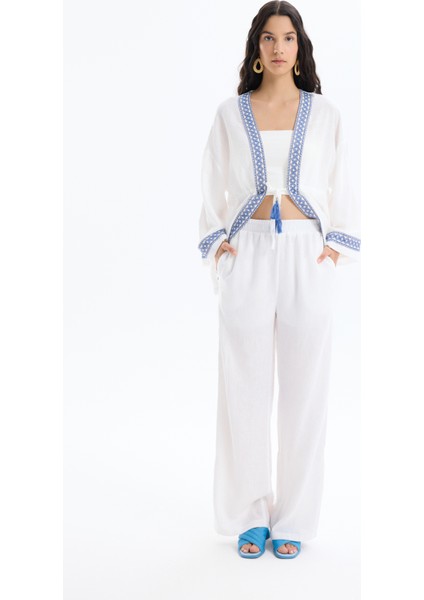 Şerit Nakışlı Beli Lastikli Bol Paça Pantolon Ekru