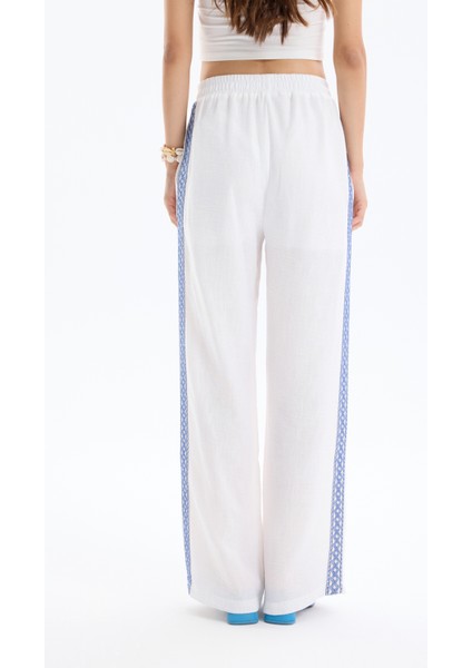 Şerit Nakışlı Beli Lastikli Bol Paça Pantolon Ekru