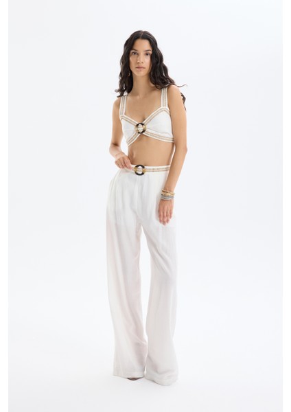 Toka Aksesuarlı Beli Nakışlı Bol Paça Pantolon Ekru