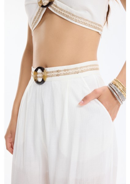 Toka Aksesuarlı Beli Nakışlı Bol Paça Pantolon Ekru