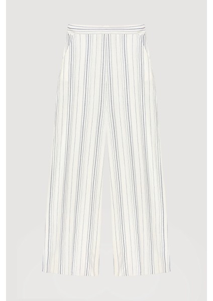 Ince Çizgili Yüksek Bel Pantolon Ekru