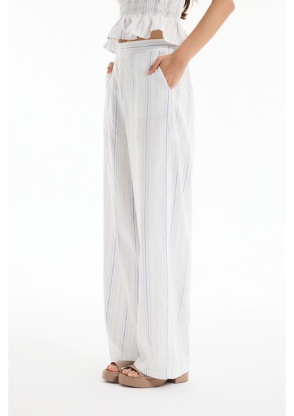 Ince Çizgili Yüksek Bel Pantolon Ekru