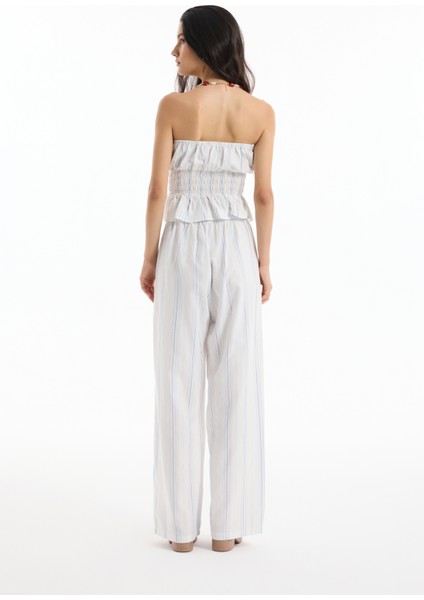 Ince Çizgili Yüksek Bel Pantolon Ekru