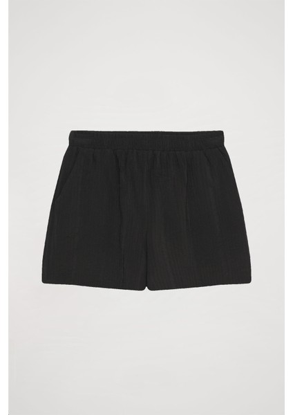 Beli Lastikli Dokulu Basic Mini Şort Siyah